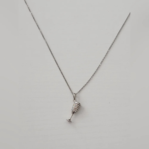 Sterling Silver CZ Rhinestone Champagne Glass Pendant Necklace NEW - Picture 2 of 5